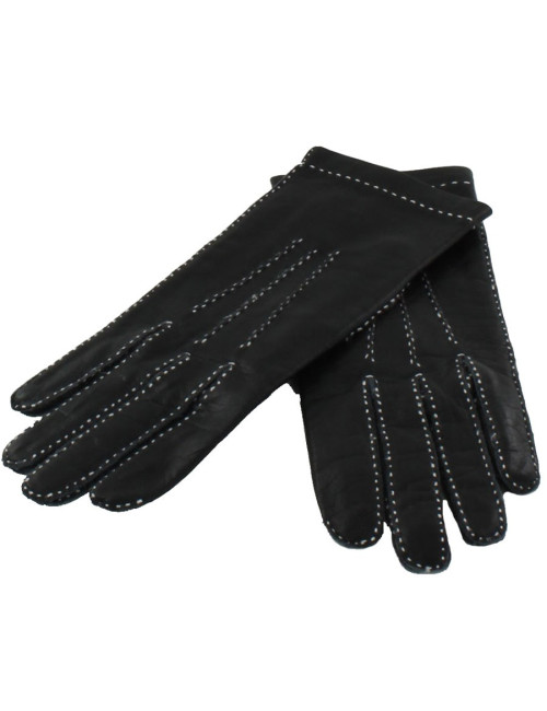 Gants HERMES en cuir lisse noir surpiqûres blanches
