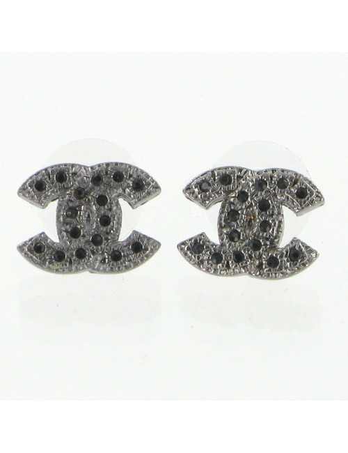 Clous d'oreilles CC ruthénium et strass noirs CHANEL