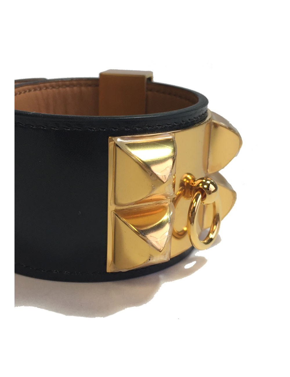 Manchette MEDOR HERMES en cuir box veau noir et bijouterie laiton plaqué or