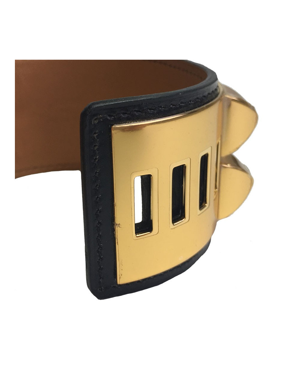 Manchette MEDOR HERMES en cuir box veau noir et bijouterie laiton plaqué or