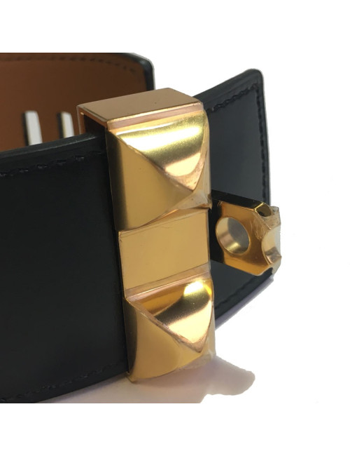 Manchette MEDOR HERMES en cuir box veau noir et bijouterie laiton plaqué or