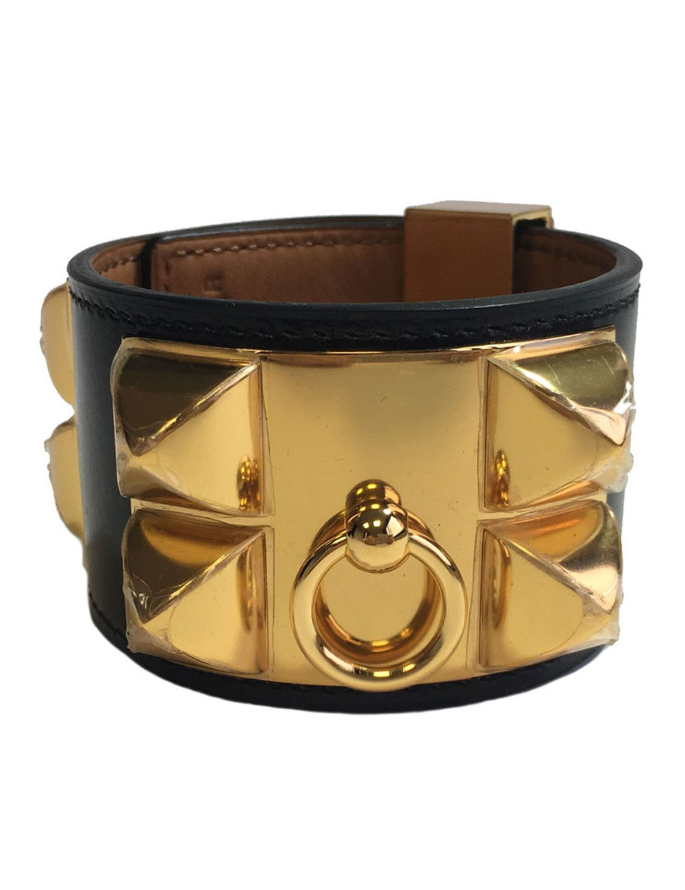 Manchette MEDOR HERMES en cuir box veau noir et bijouterie laiton plaqué or