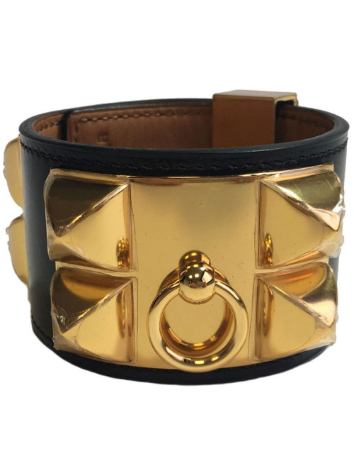 Manchette MEDOR HERMES en cuir box veau noir et bijouterie laiton plaqué or