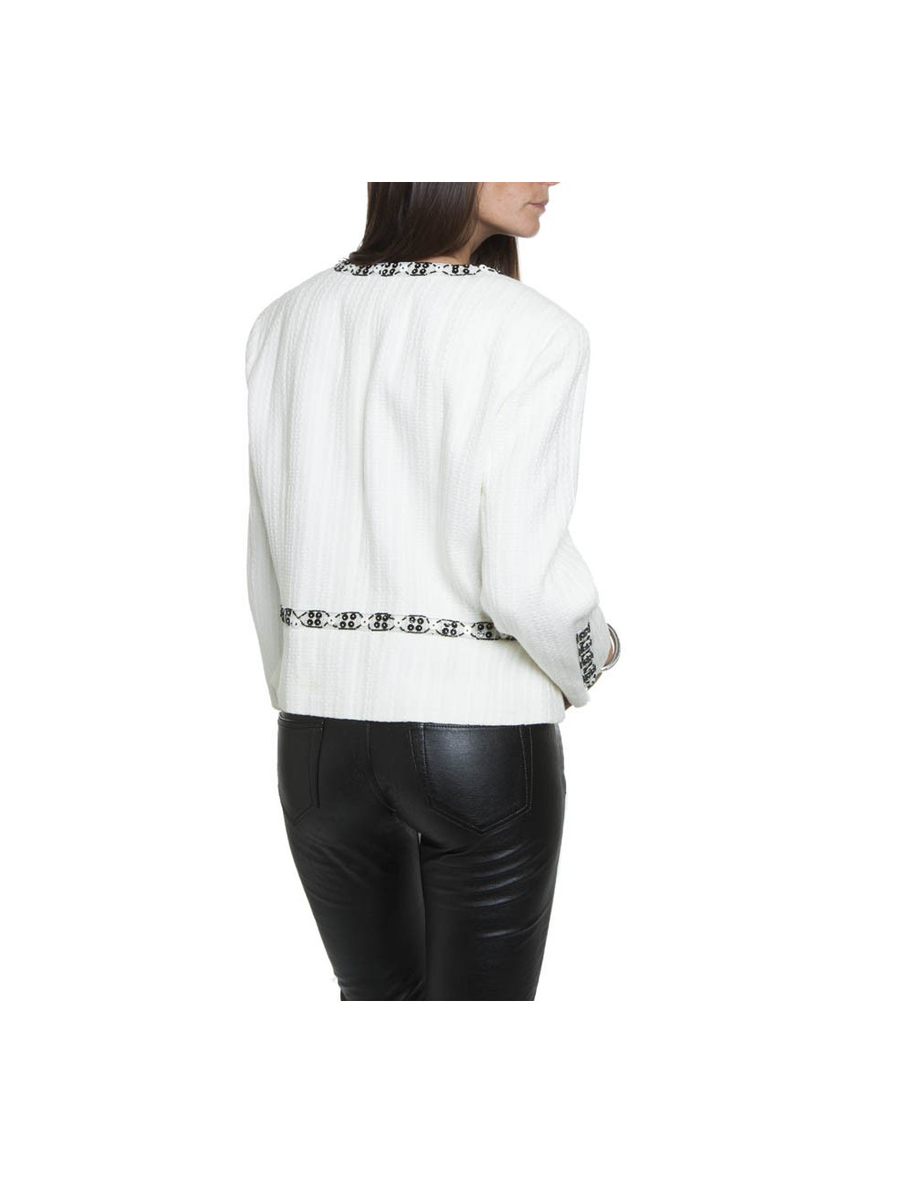 Veste CHANEL T 46 blanche avec liserets  en perles,  sequins  et boutons blancs nacrés