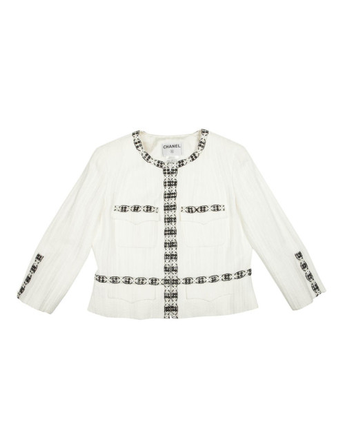 Veste CHANEL T 46 blanche avec liserets  en perles,  sequins  et boutons blancs nacrés