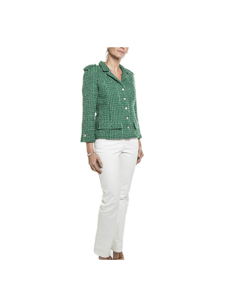 Ensemble CHANEL T 36 veste et pantalon vert et blanc
