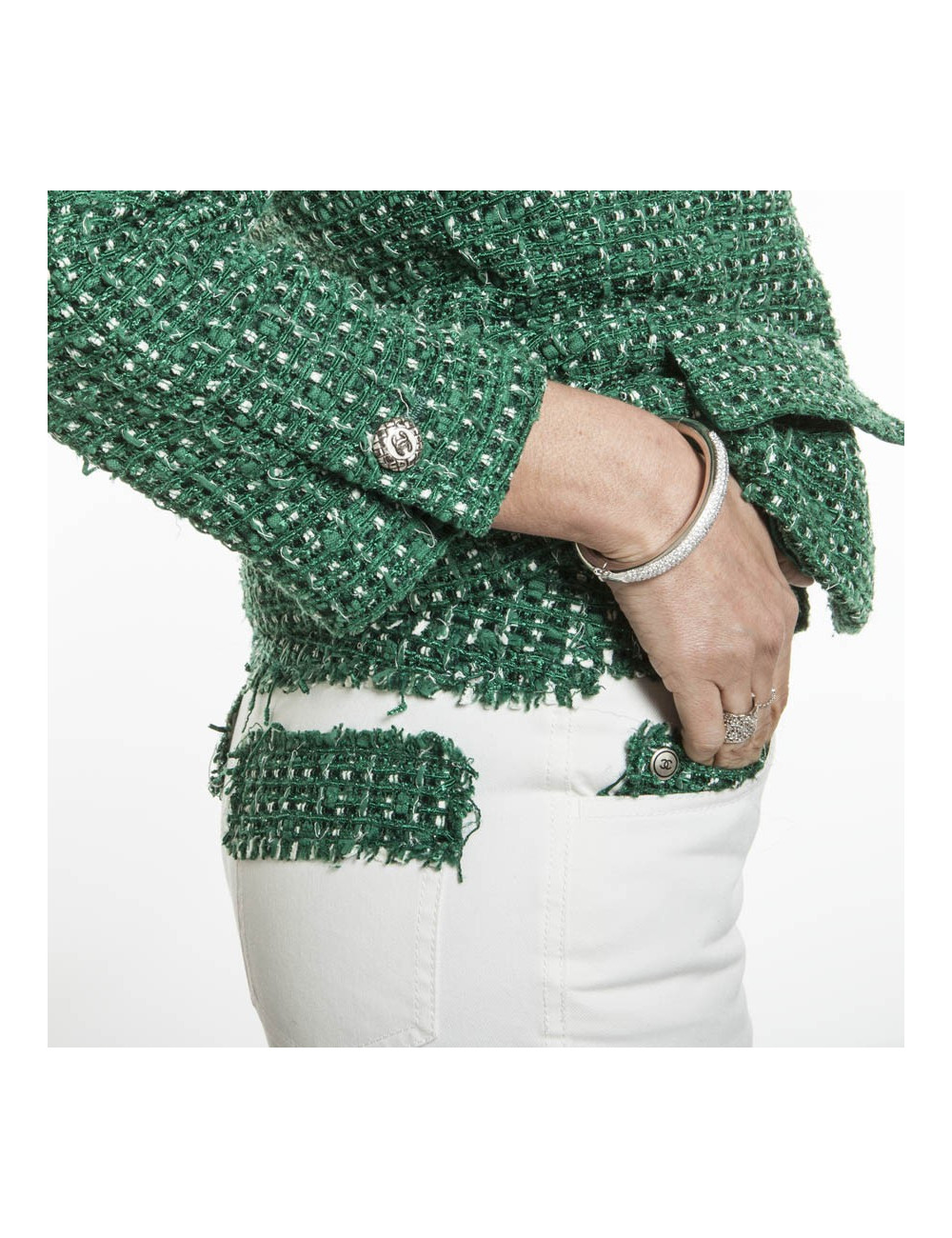 Ensemble CHANEL T 36 veste et pantalon vert et blanc