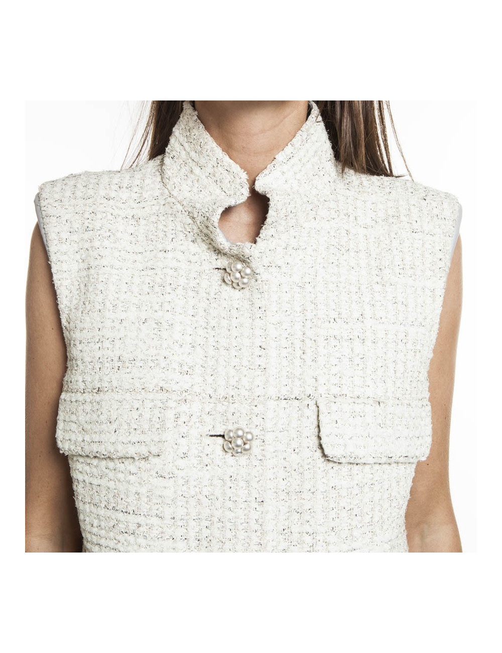 CHANEL T 42 painted tweed sleeveless dress cream