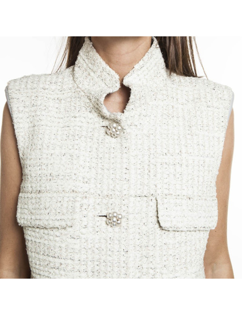 CHANEL T 42 painted tweed sleeveless dress cream