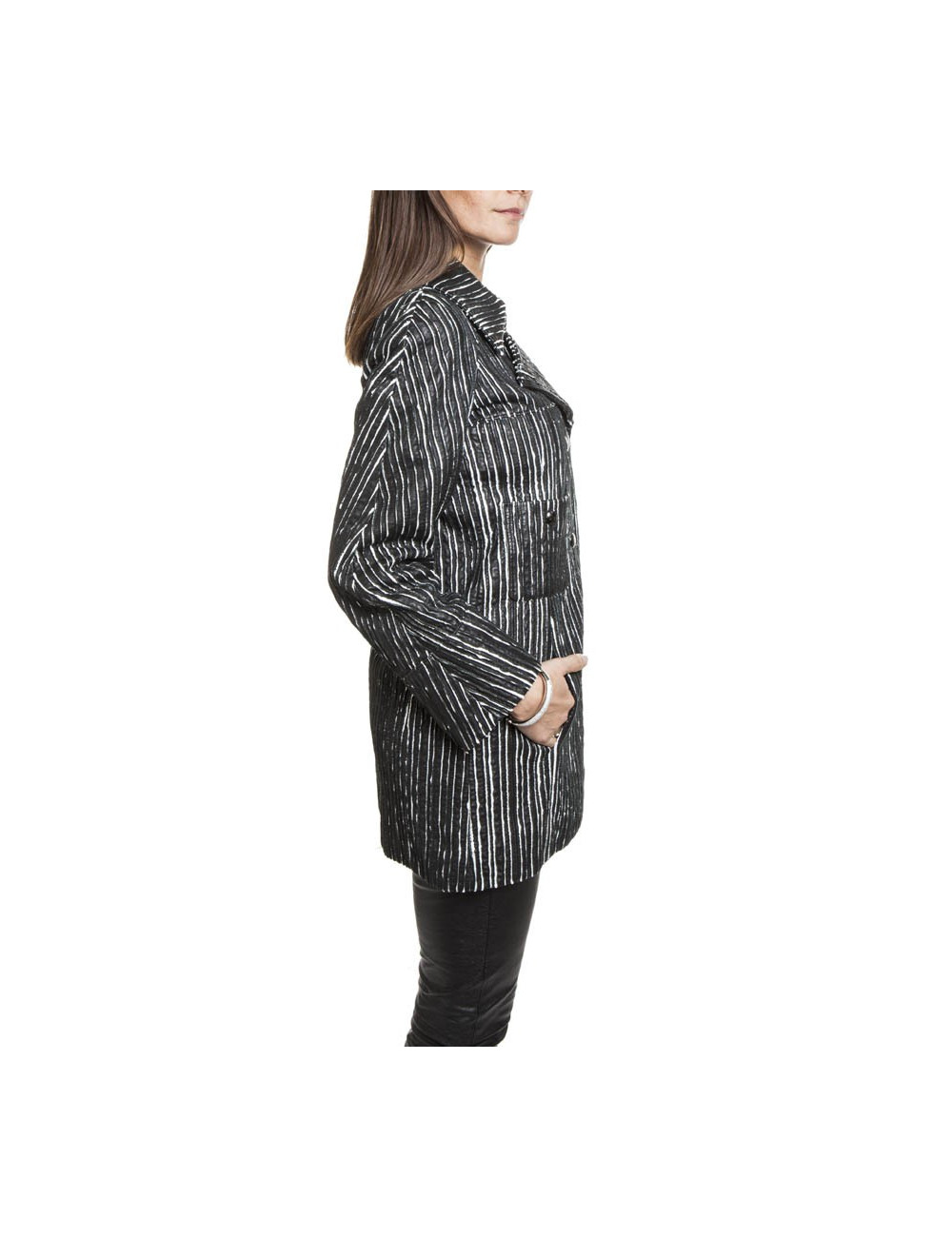 Caban CHANEL cuir rayé noir et blanc