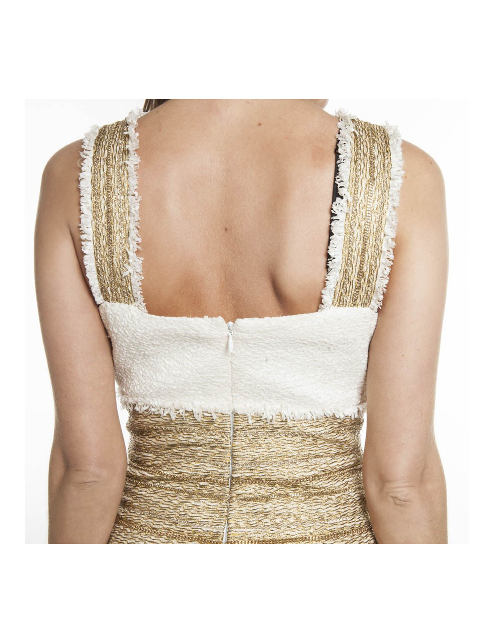 Robe CHANEL T 36 tweed crème broderies chaines dorées