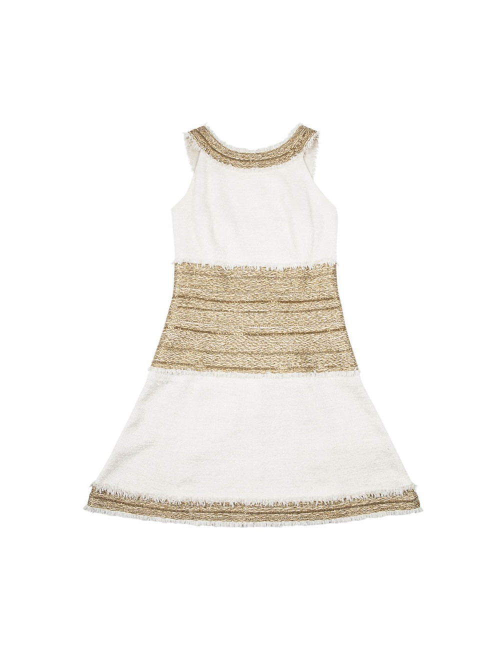 Robe CHANEL T 36 tweed crème broderies chaines dorées