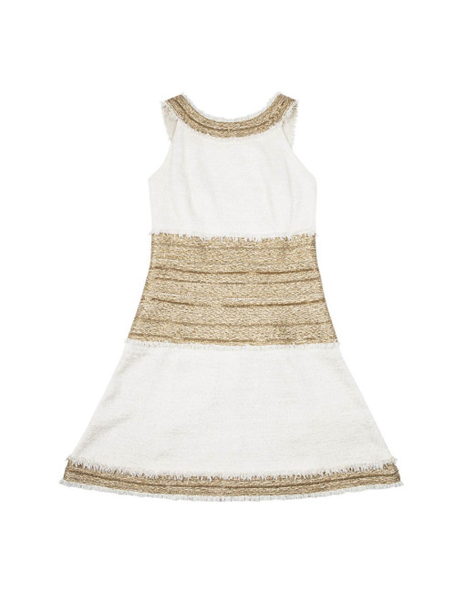 Robe CHANEL T 36 tweed crème broderies chaines dorées