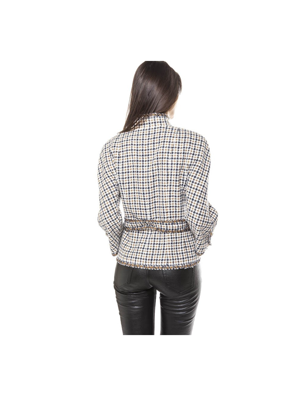 CHANEL T 42 en beige and blue houndstooth jacket