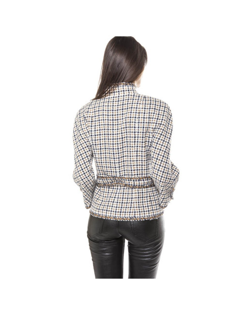 CHANEL T 42 en beige and blue houndstooth jacket