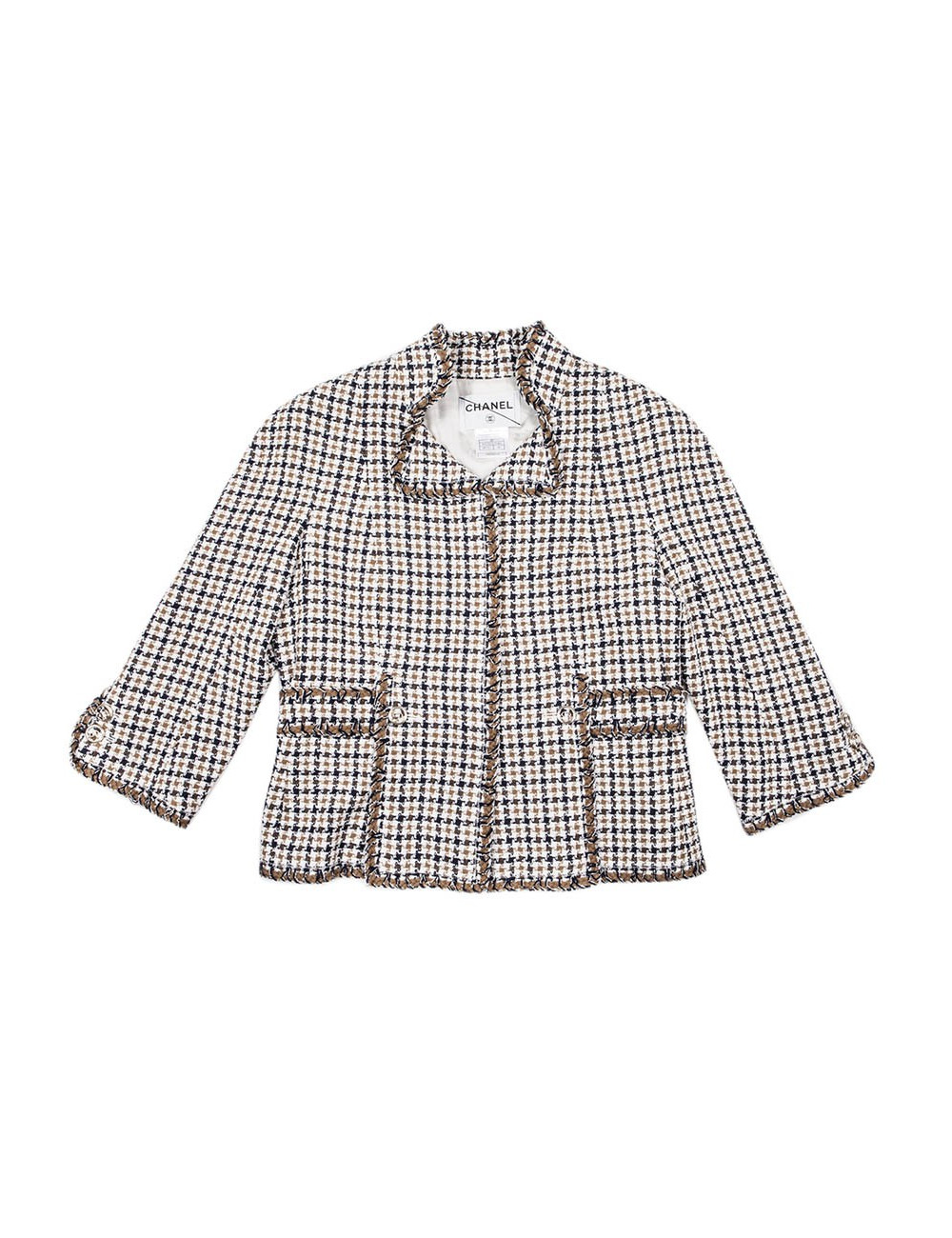 CHANEL T 42 en beige and blue houndstooth jacket