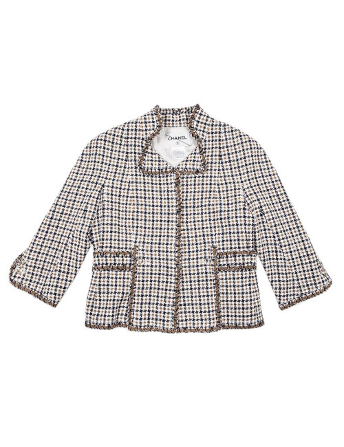 CHANEL T 42 en beige and blue houndstooth jacket