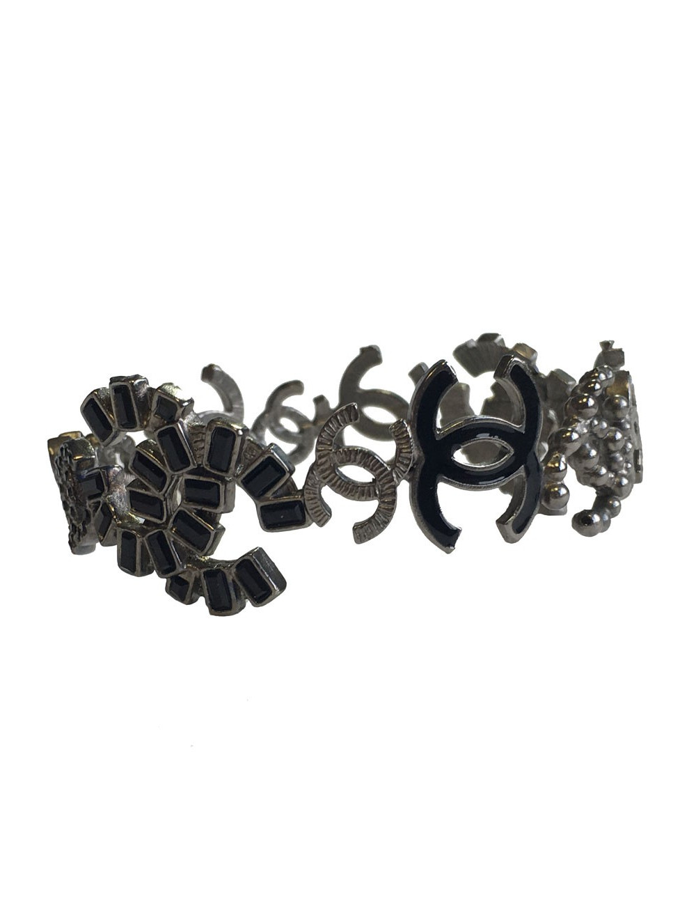 Bracelet CHANEL CC en métal ruthénium, strass et résine noirs