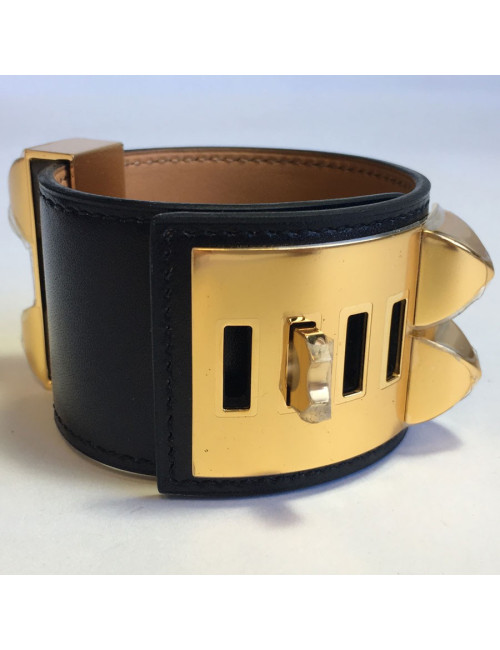 Manchette MEDOR HERMES en veau box noir et laiton plaqué or