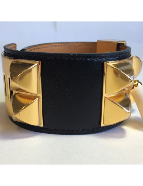 Manchette MEDOR HERMES en veau box noir et laiton plaqué or