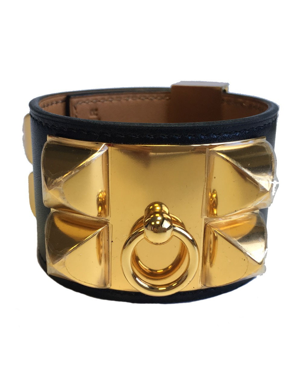 Manchette MEDOR HERMES en veau box noir et laiton plaqué or