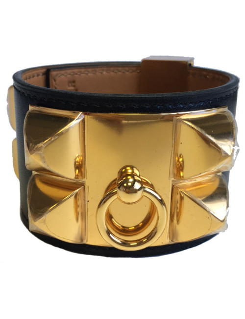 Manchette MEDOR HERMES en veau box noir et laiton plaqué or