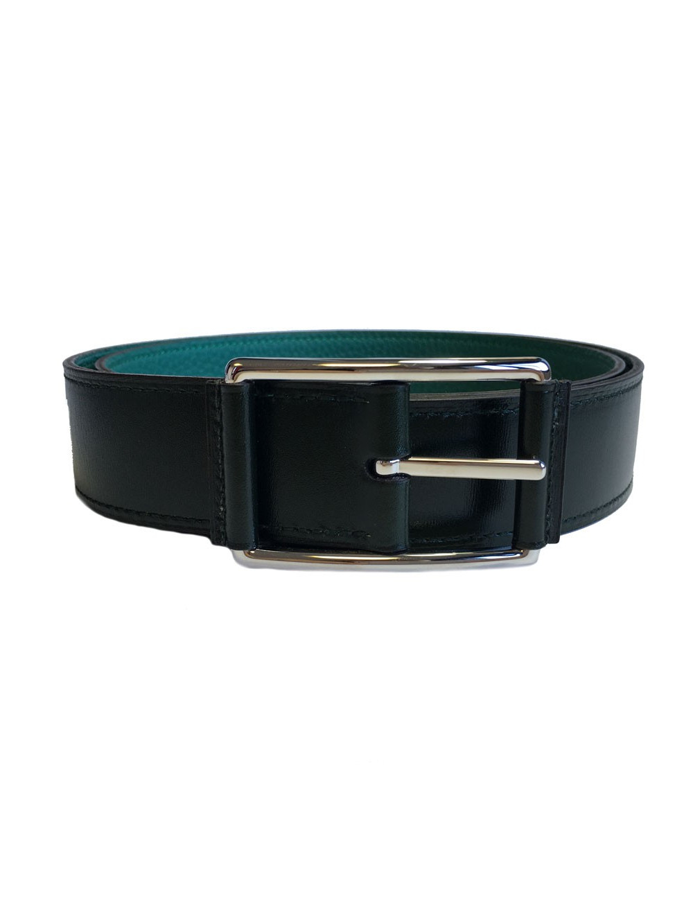 Ceinture HERMES "Hop" en veau box et togo vert foncé et boucle en laiton palladié T90