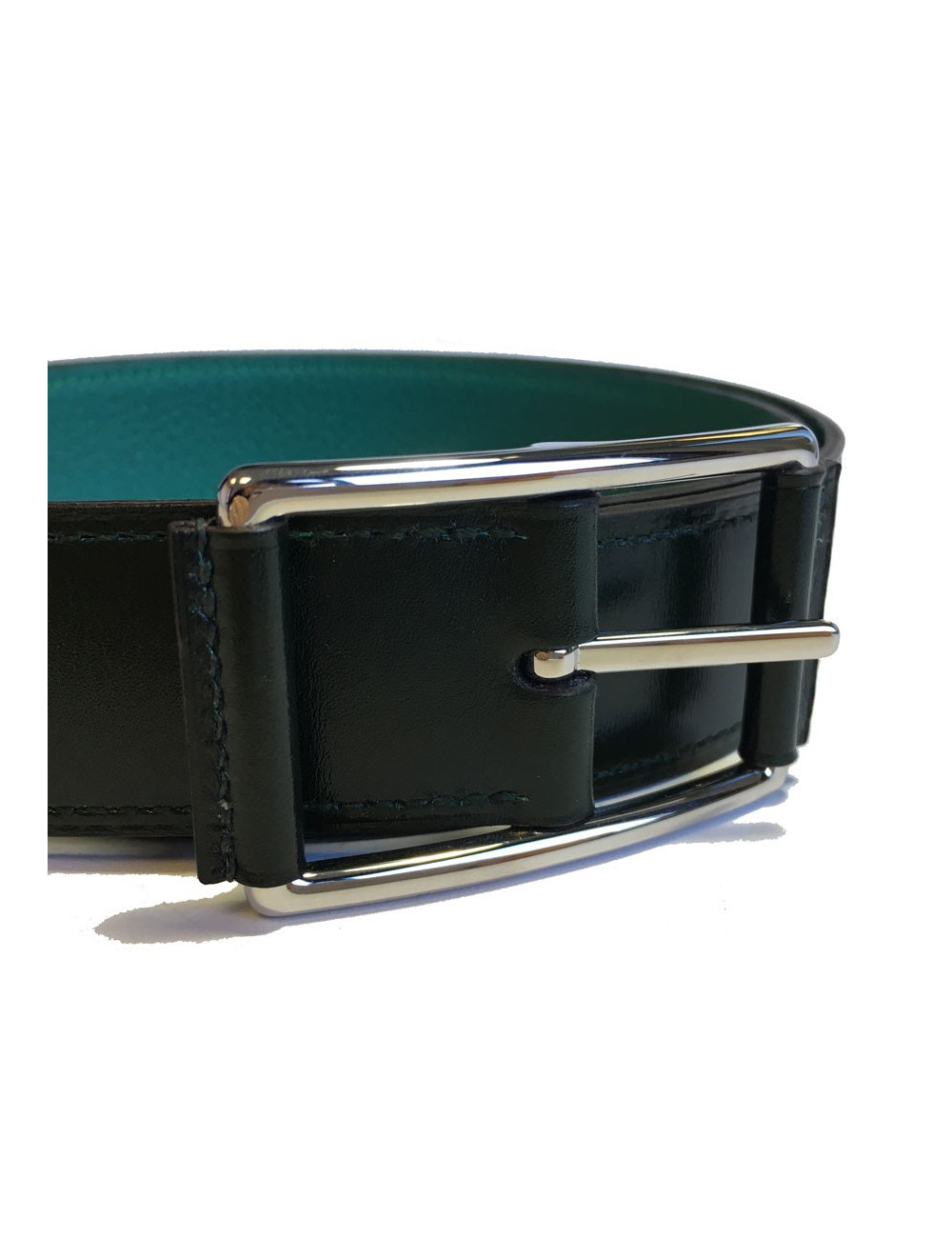 Ceinture HERMES "Hop" en veau box et togo vert foncé et boucle en laiton palladié T90