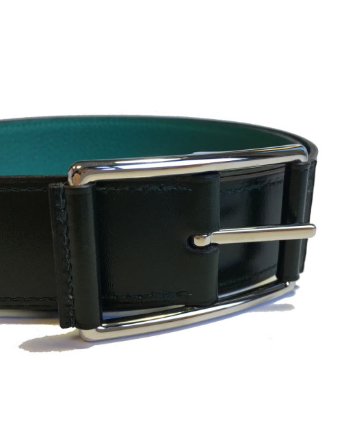 Ceinture HERMES "Hop" en veau box et togo vert foncé et boucle en laiton palladié T90