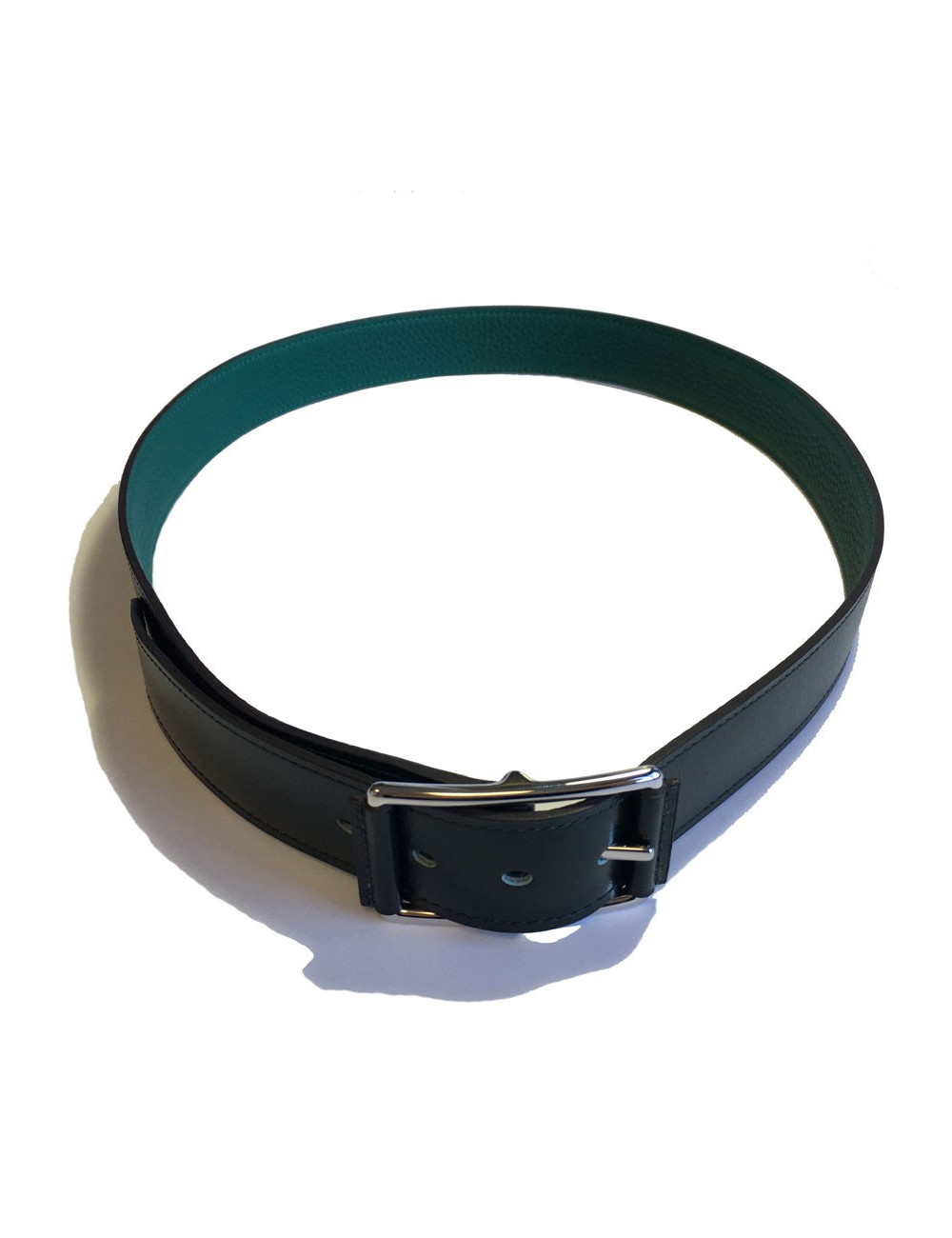 Ceinture HERMES "Hop" en veau box et togo vert foncé et boucle en laiton palladié T90