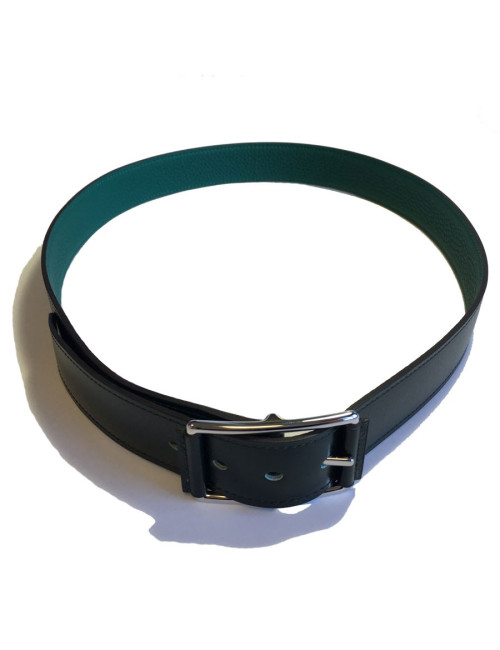 Ceinture HERMES "Hop" en veau box et togo vert foncé et boucle en laiton palladié T90