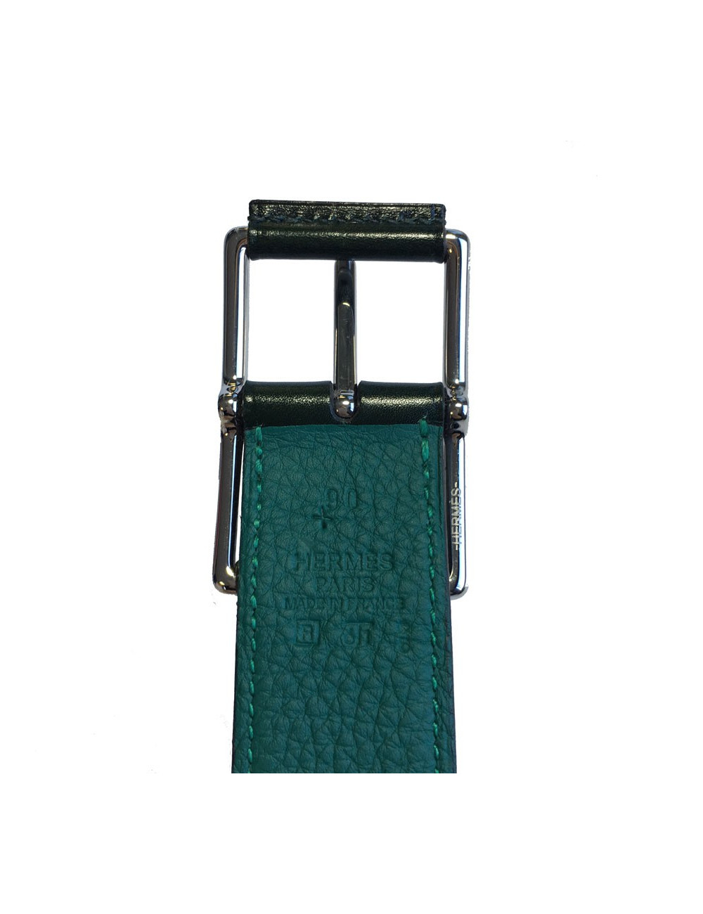 Ceinture HERMES "Hop" en veau box et togo vert foncé et boucle en laiton palladié T90