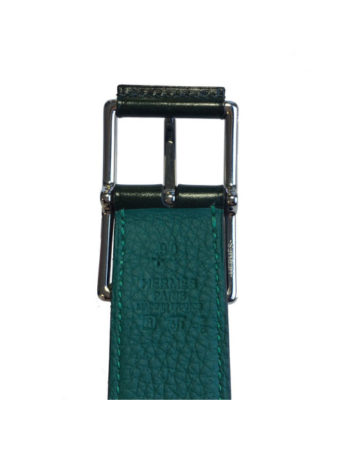 Ceinture HERMES "Hop" en veau box et togo vert foncé et boucle en laiton palladié T90