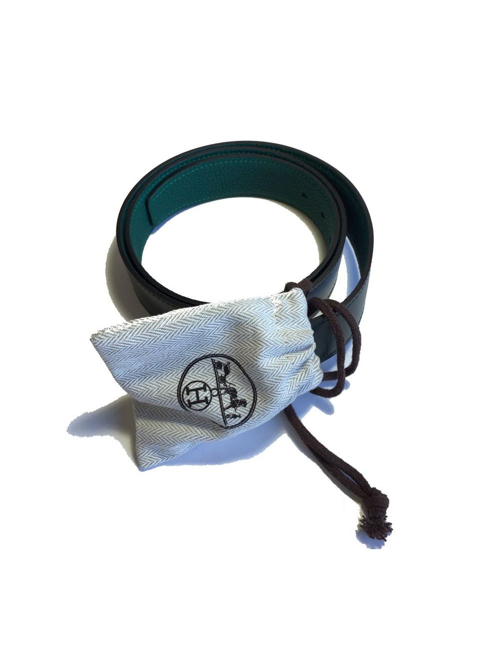 Ceinture HERMES "Hop" en veau box et togo vert foncé et boucle en laiton palladié T90