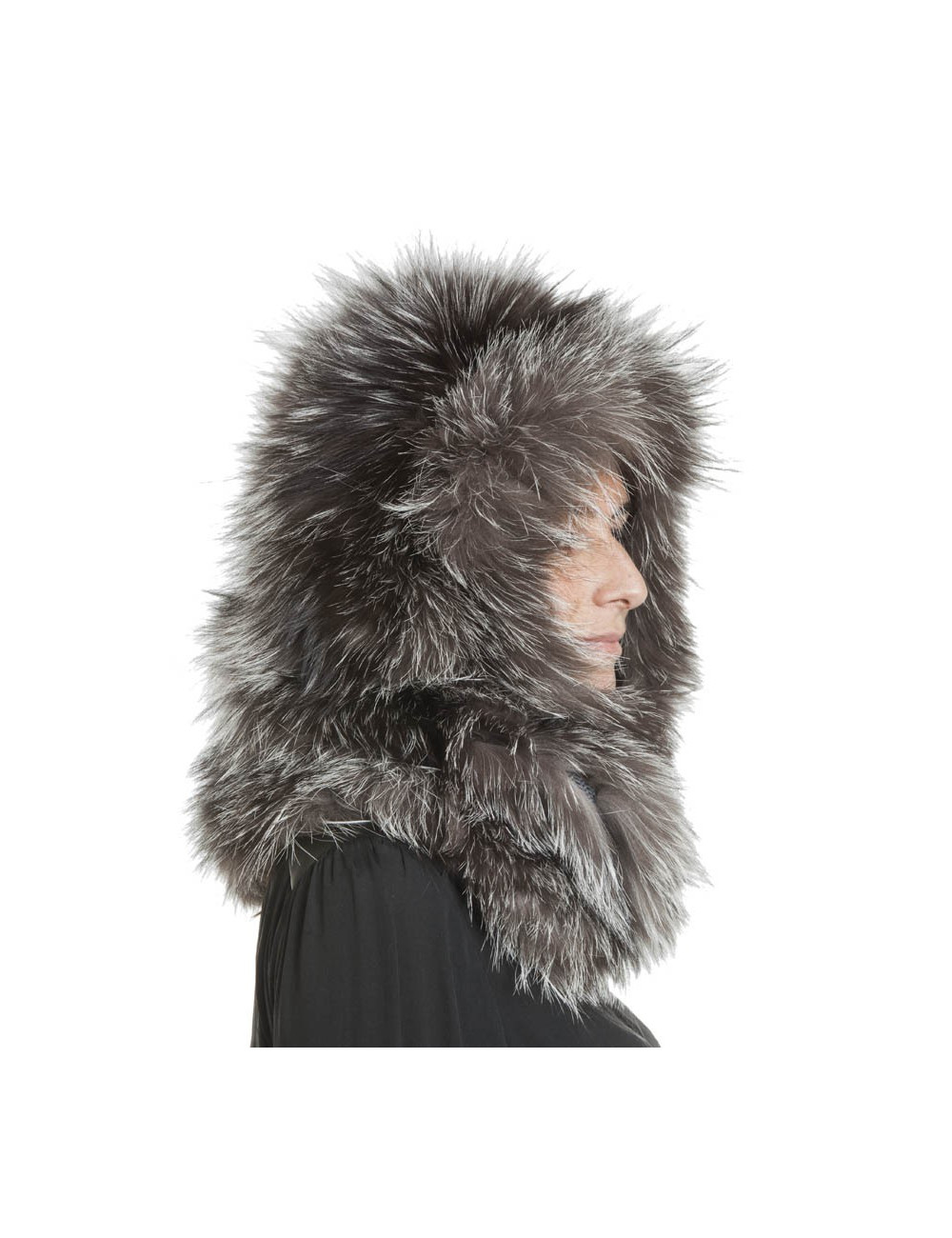 REVILLON hood in silver fox fur