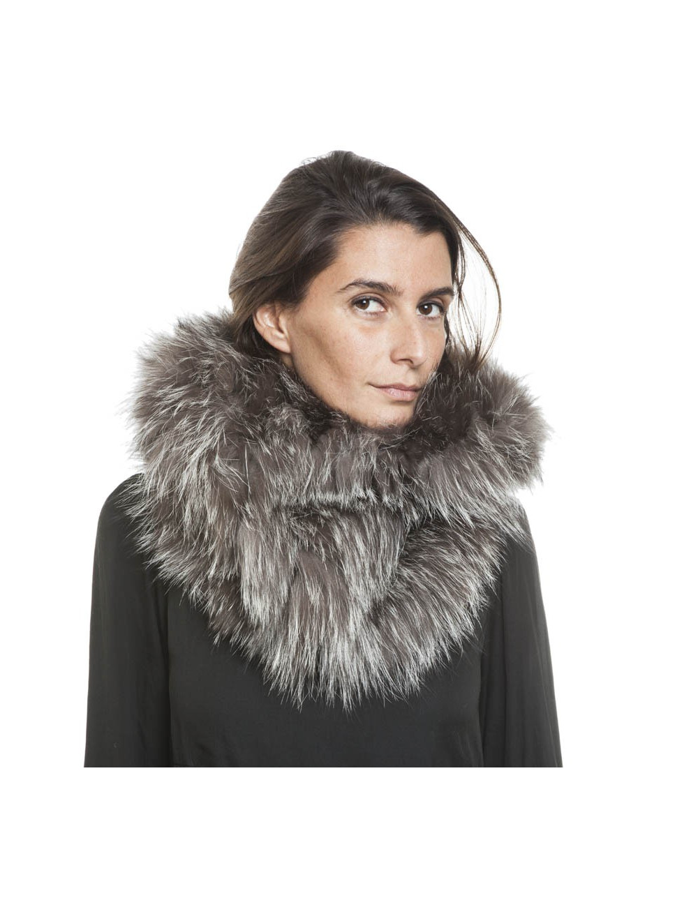 REVILLON hood in silver fox fur