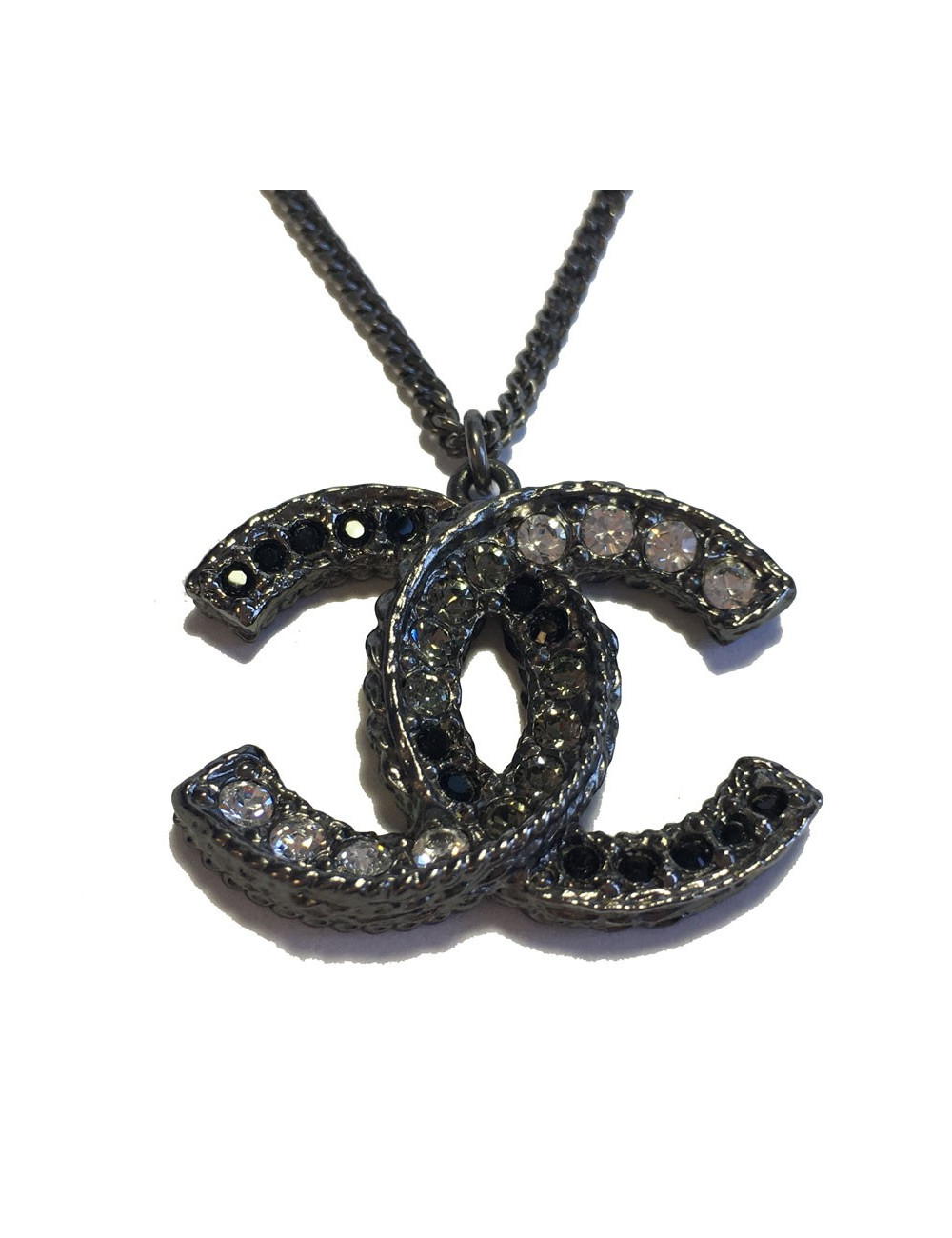 Collier CHANEL CC en ruthenium et strass