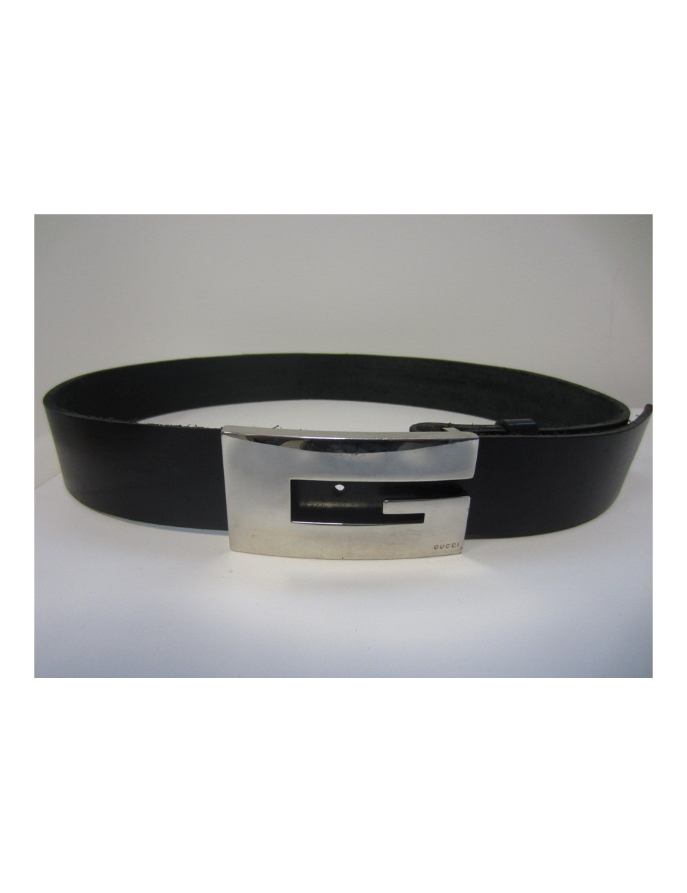 Ceinture GUCCI boucle en metal argent noir et ceinture en cuir de vachette noir