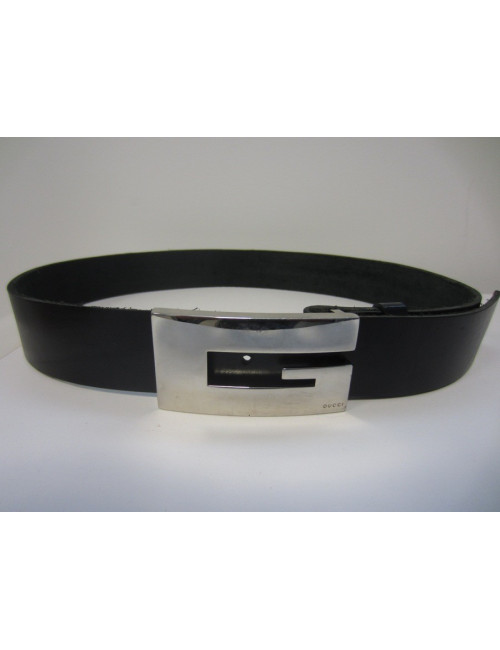 Ceinture GUCCI boucle en metal argent noir et ceinture en cuir de vachette noir