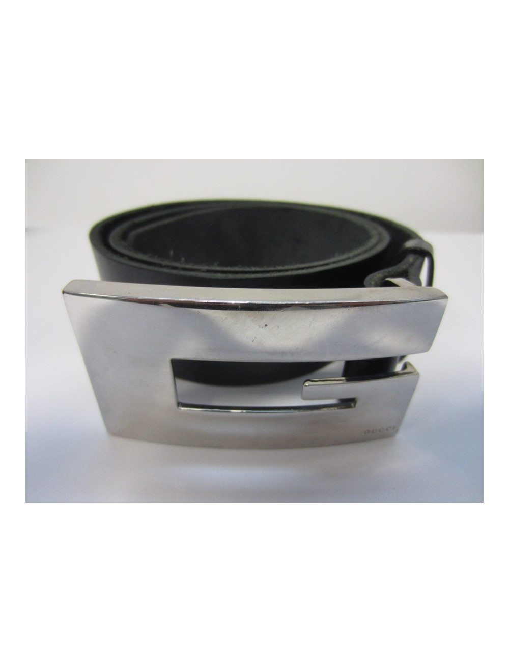 Ceinture GUCCI boucle en metal argent noir et ceinture en cuir de vachette noir