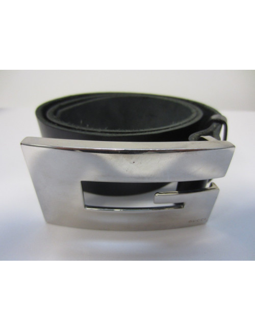 Ceinture GUCCI boucle en metal argent noir et ceinture en cuir de vachette noir