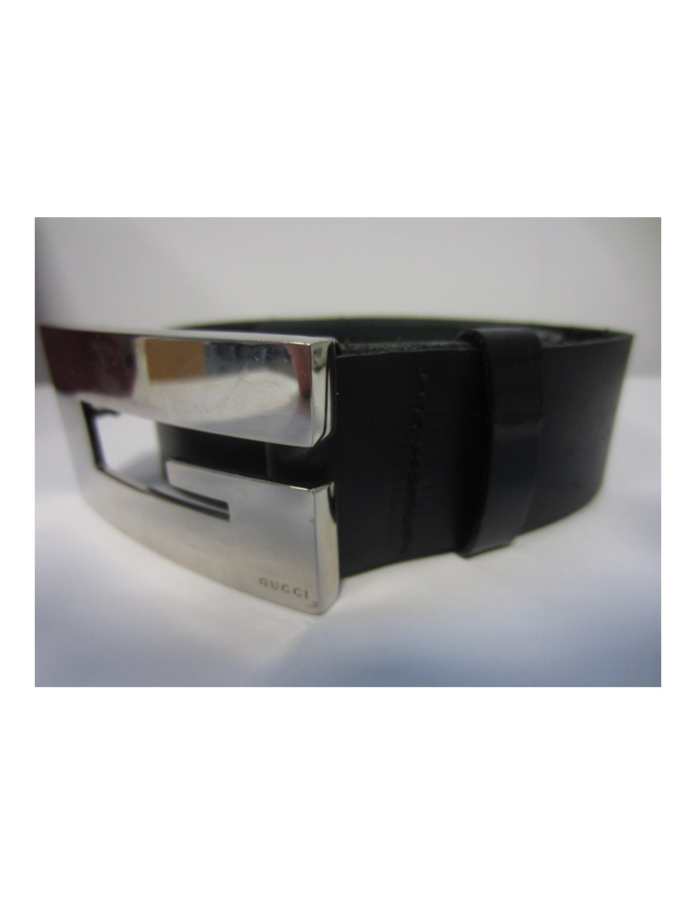 Ceinture GUCCI boucle en metal argent noir et ceinture en cuir de vachette noir