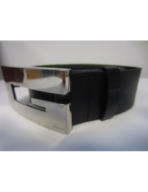 Ceinture GUCCI boucle en metal argent noir et ceinture en cuir de vachette noir