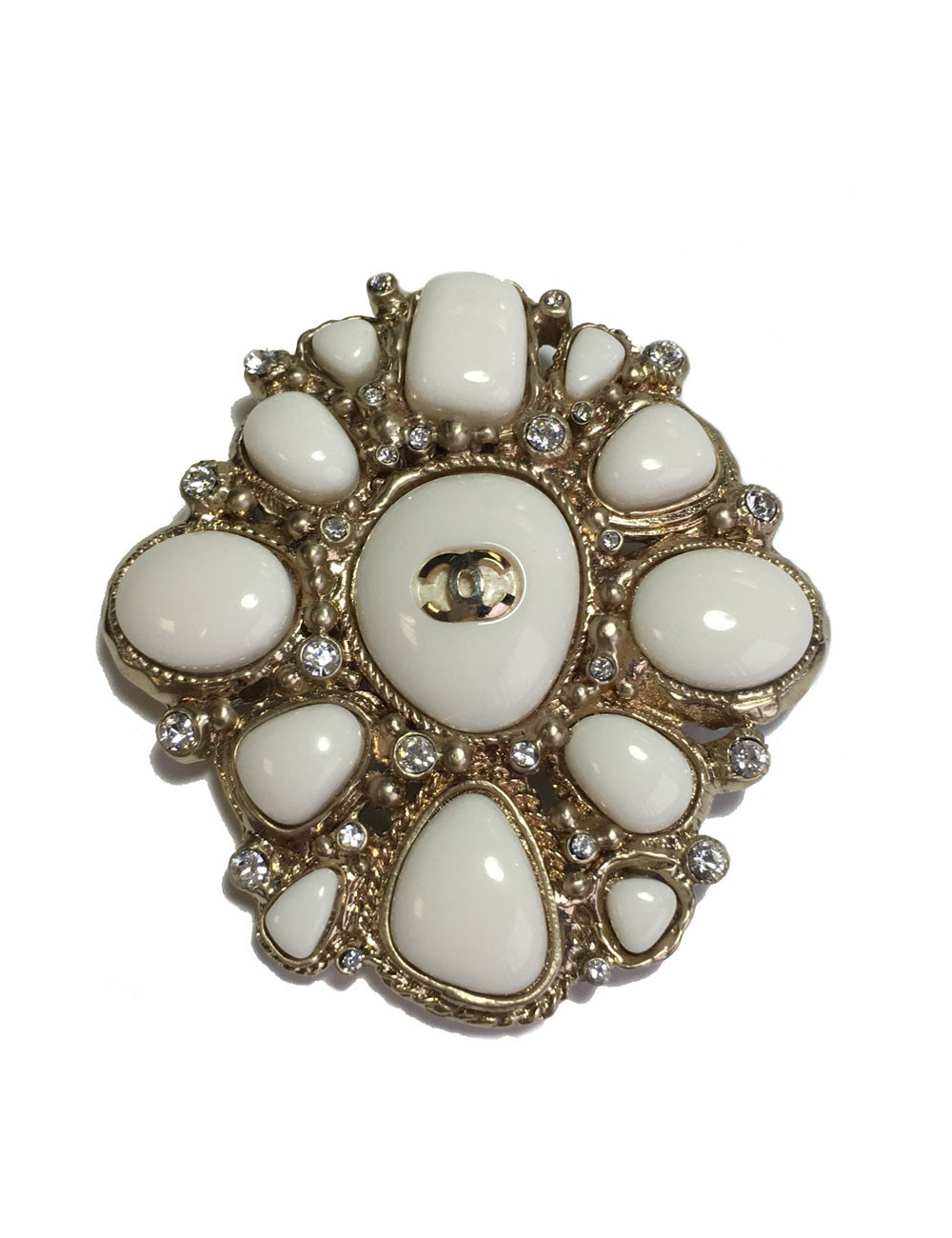 Broche CHANEL émail ivoire, strass et métal doré