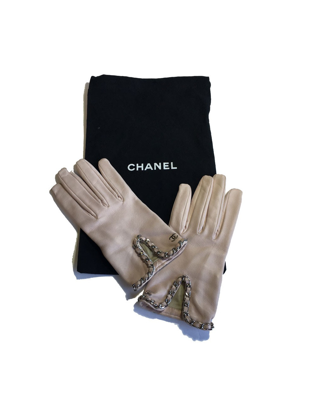 Gants CHANEL cuir d'agneau rose pâle et chaine argentée taille 8