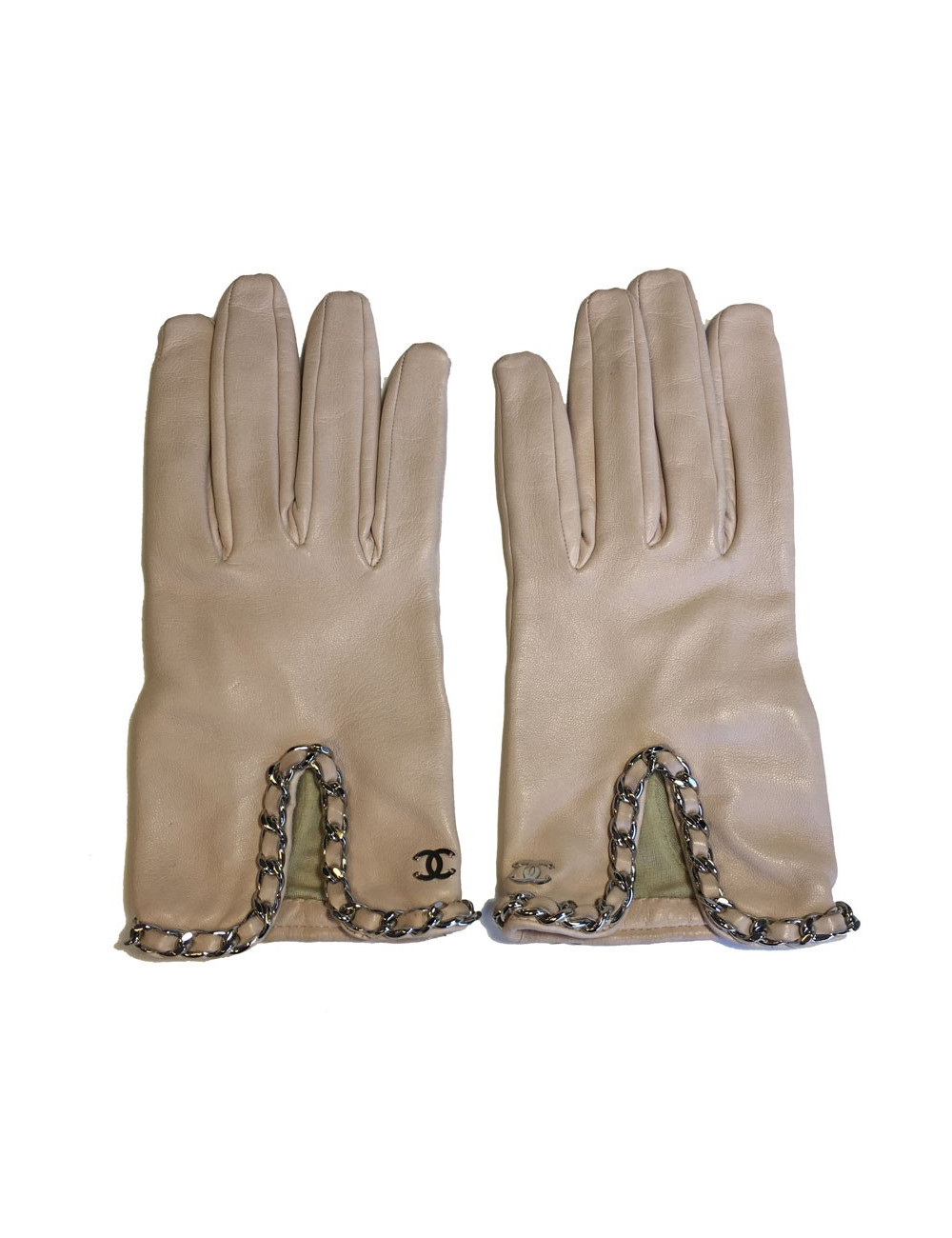 Gants CHANEL cuir d'agneau rose pâle et chaine argentée taille 8