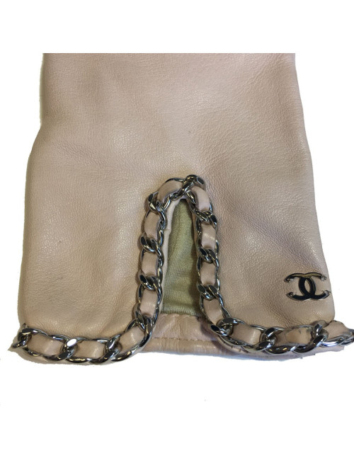 Gants CHANEL cuir d'agneau rose pâle et chaine argentée taille 8