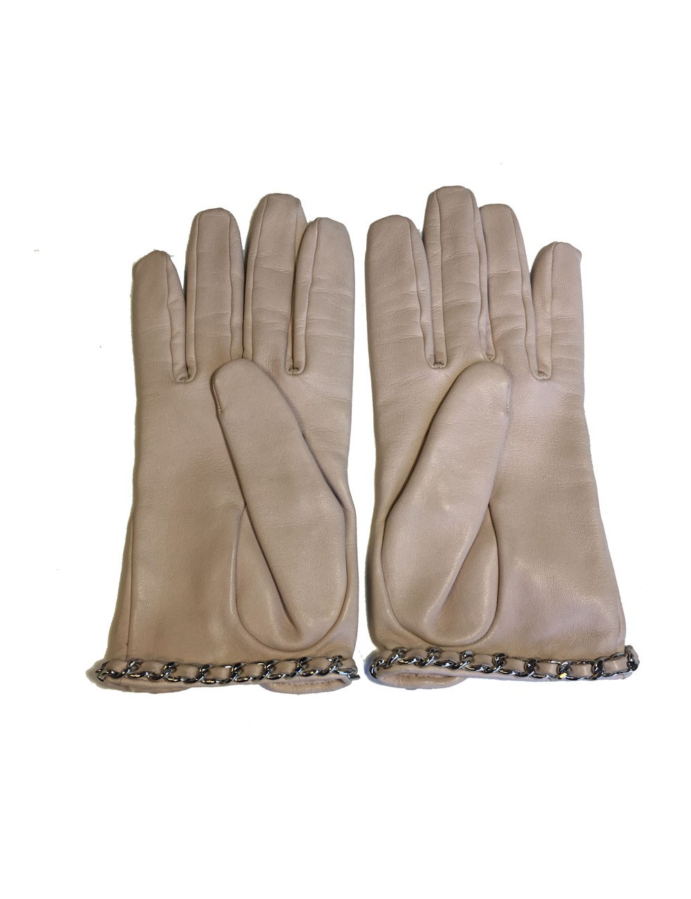 Gants CHANEL cuir d'agneau rose pâle et chaine argentée taille 8