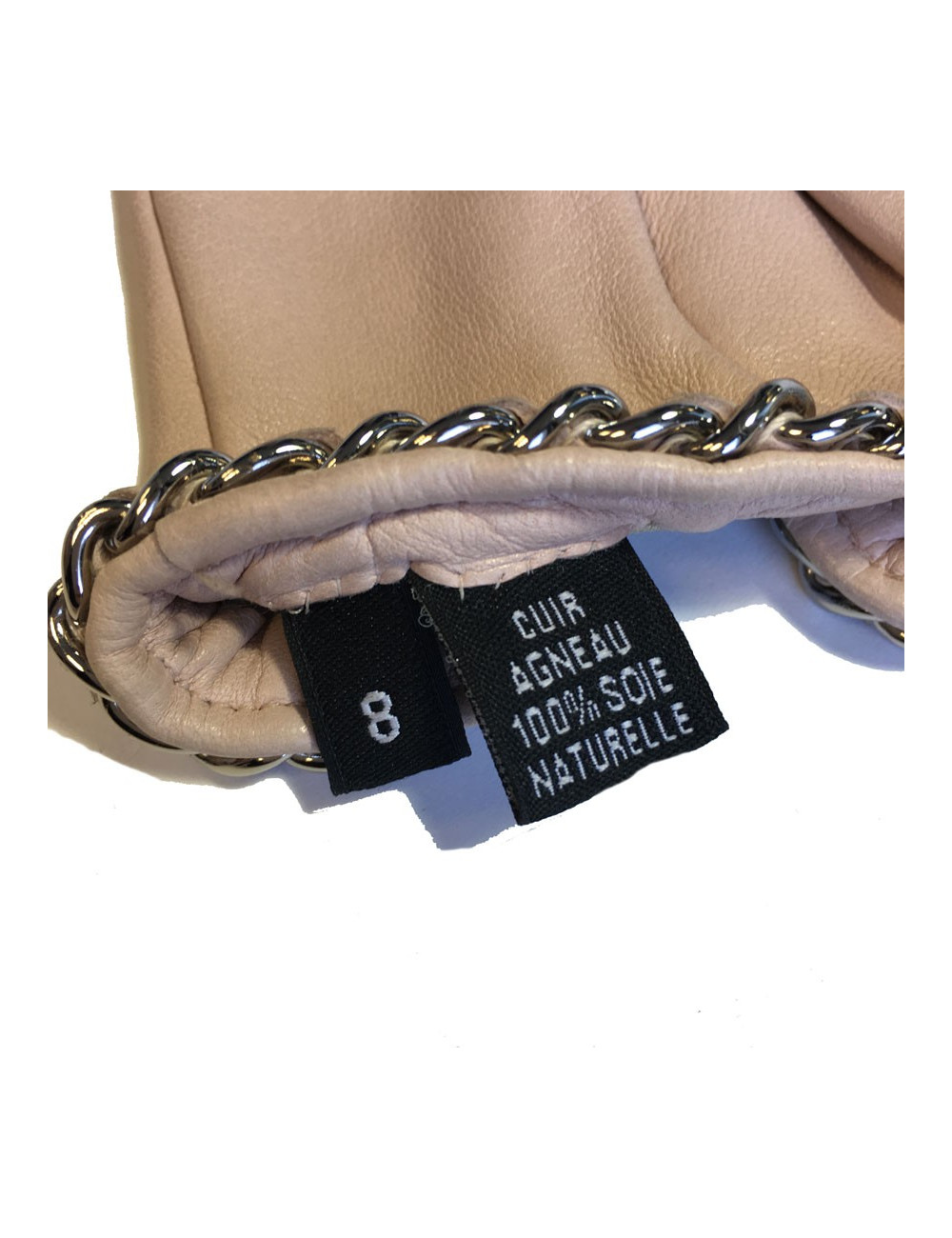 Gants CHANEL cuir d'agneau rose pâle et chaine argentée taille 8