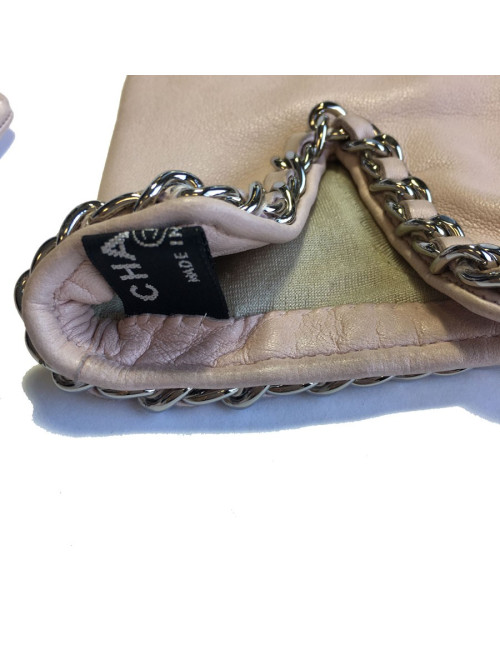 Gants CHANEL cuir d'agneau rose pâle et chaine argentée taille 8